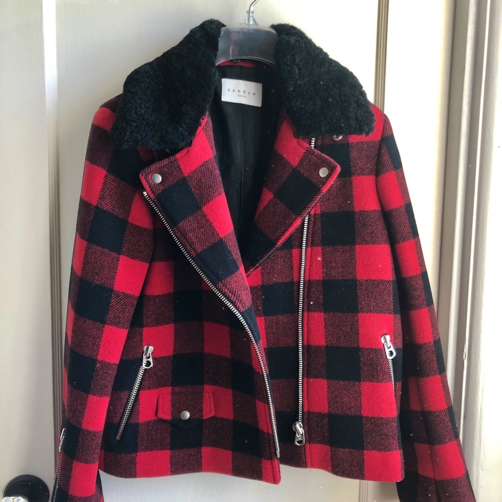 NWT Sandro Minds Shearling Red Plaid Moto Jacket